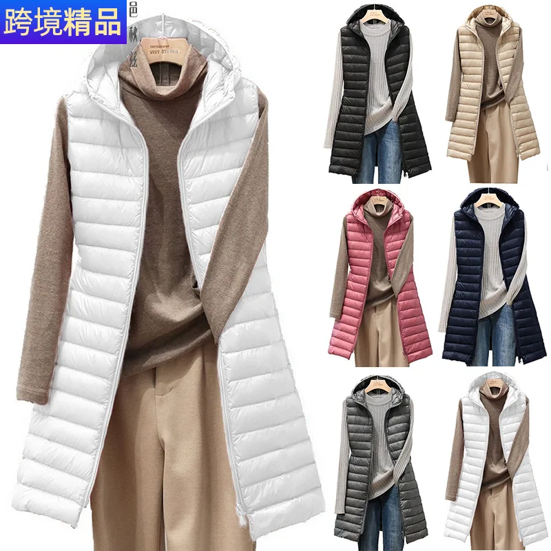 Ladies medium and long style pure color Hooded light down cotton vest jacket autumn and winter