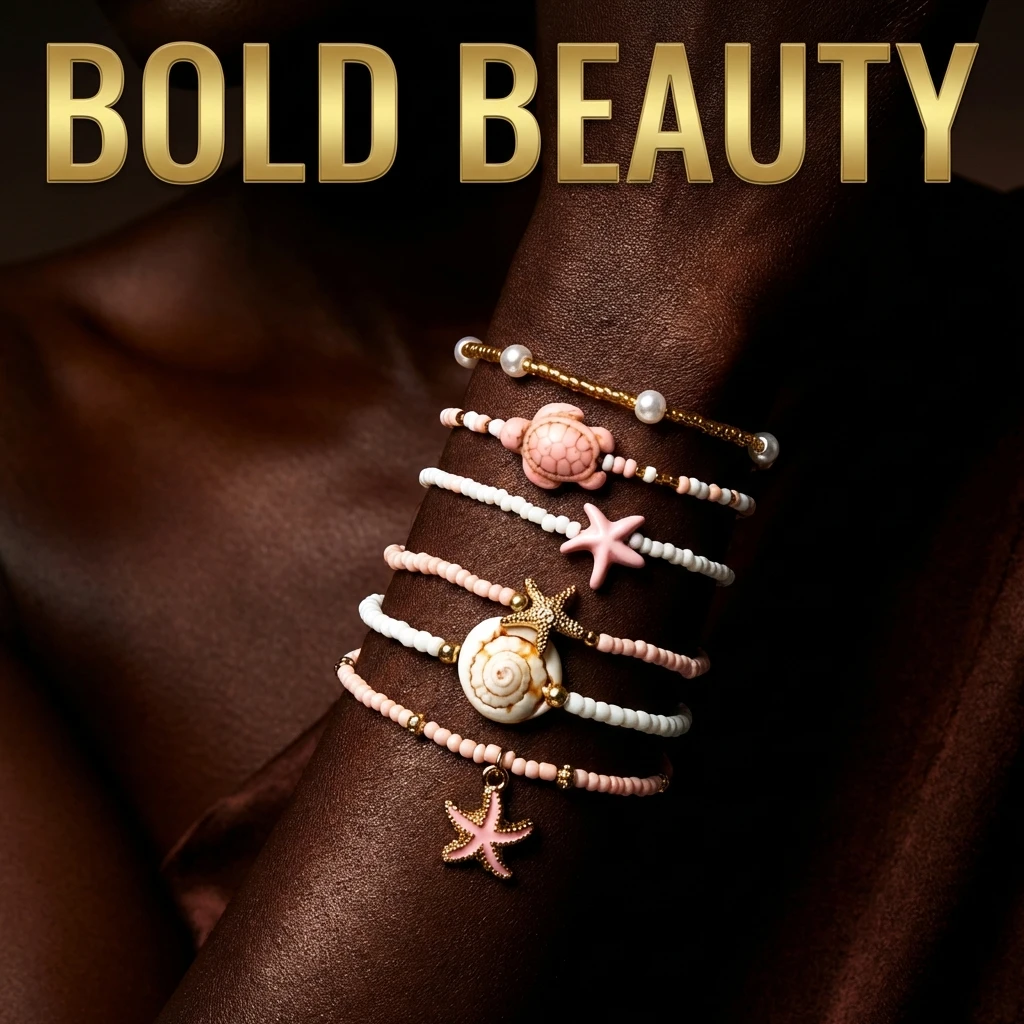 6-teiliges Set Keramik-Meeresschildkröten-Seestern-Stapelarmbänder für Frauen, Bohemian Rosa Reisperlen Mehrschichtige Armbänder, Party-Schmuck – Detail 1