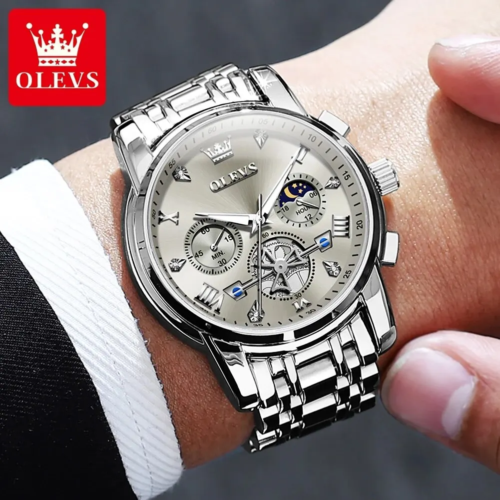OLEVS Men's Luxury Quartz Wristwatch - Moon Phase Chronograph, Waterproof & Luminous