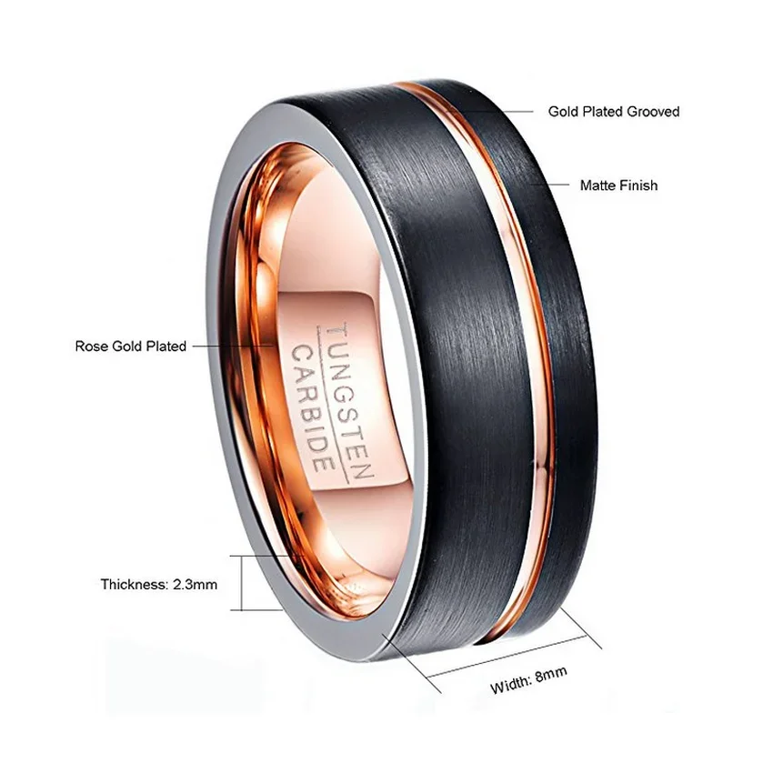 NUNCAD Brown & Rose Gold Tungsten Carbide Ring - 8mm Wide, Center Groove, Comfort Fit - View #3
