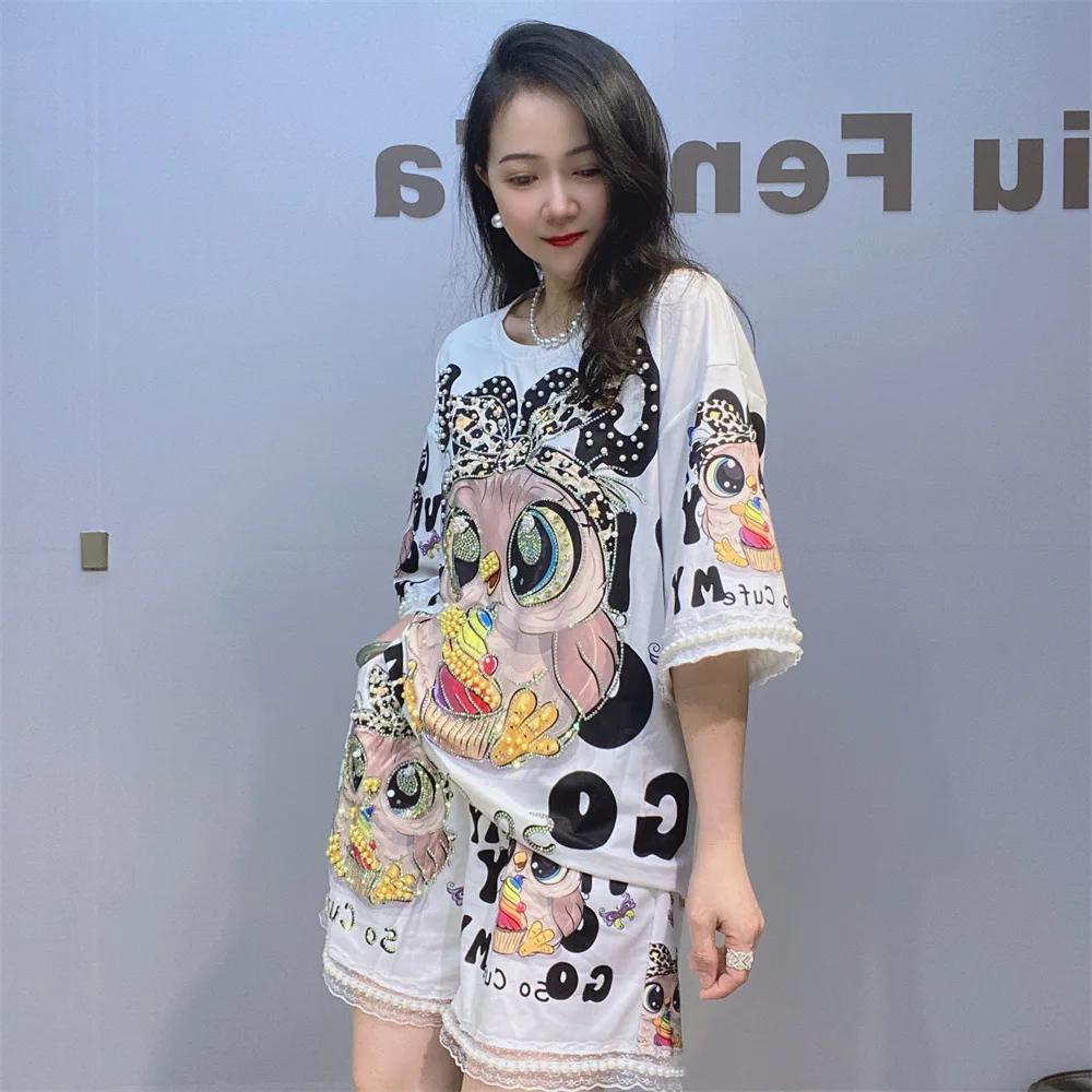 Fashion Sweet Loose Outfit Women 2024 Summer New Printed Cartoon Beaded Short Sleeve T-shirt Shorts Girly Style Two-Piece Set