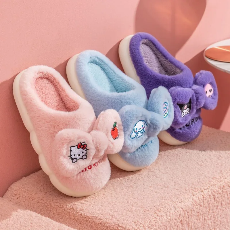 

Sanrio милые Мультяшные Cinnamoroll Kuromi Hello kitty родитель-ребенок зимние новые Мультяшные банты Нескользящие теплые толстые хлопковые тапочки