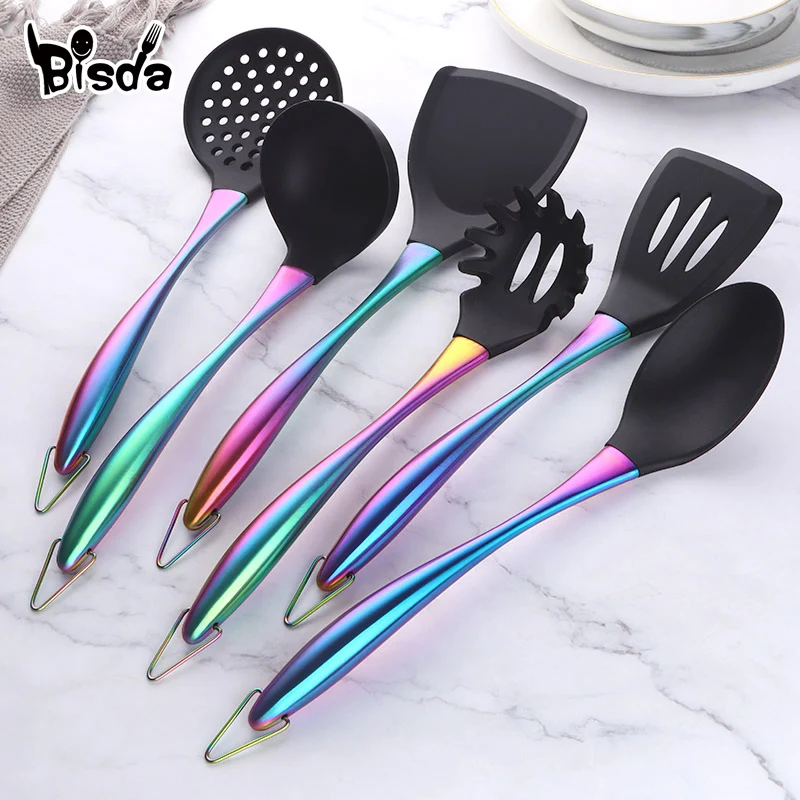 Silicone Cooking Tool Set Non-stick Soup Ladle Spatula Steel Handle With Holder 1-7PCS/Set