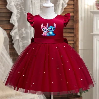 Lilo Stitch Toddler Girl Red Princess Dress Baby Girl 1st Birthday Party Tutu Gown Backless Bow Beading Xmas Costume