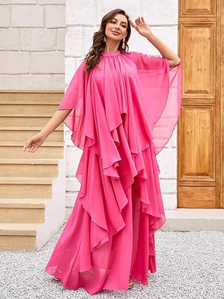 

Luxury French Runway Summer Rose Red Chiffon Holiday Long Women Stand Collar Batwing Sleeve Ruffles Irregular Maxi Robe