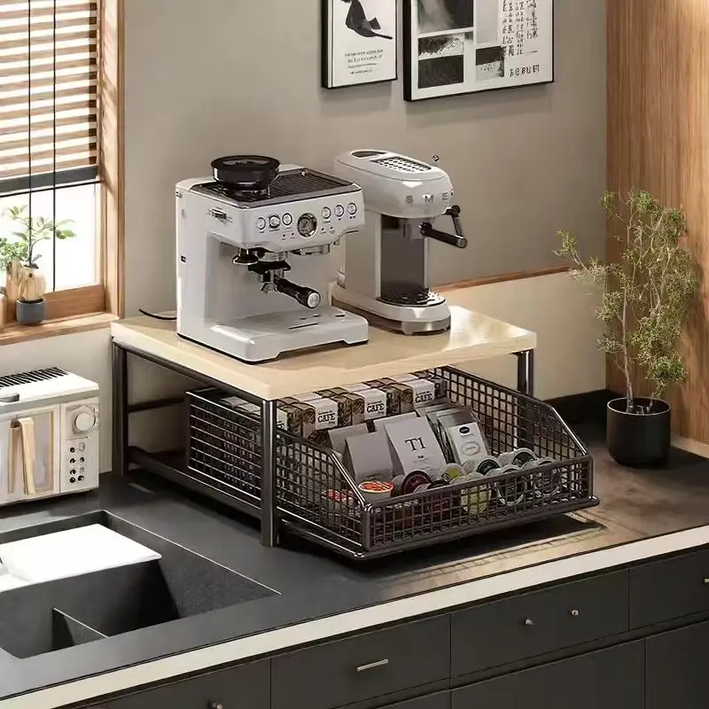 1pc Metal & Wood Microwave Oven Rack with Pull-Out Drawer – Multi-Layer Countertop Organizer for Coffee Makers, Tableware