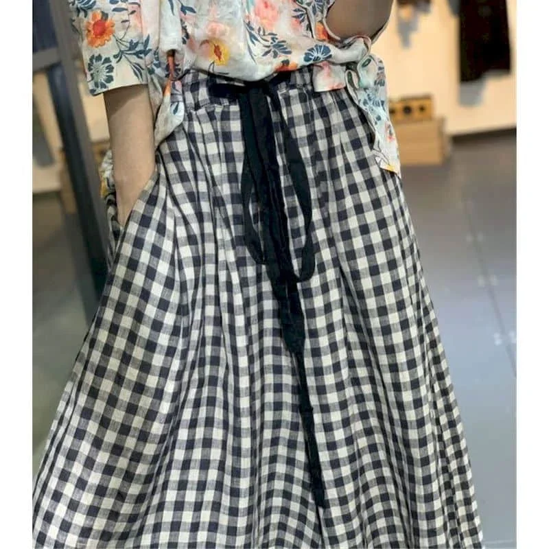 100% Cotton Linen Pants Women Plaid Loose Casual Baggy Pants Oversized Vintage Korean Fashion Trousers Clothes Wide Leg Pants