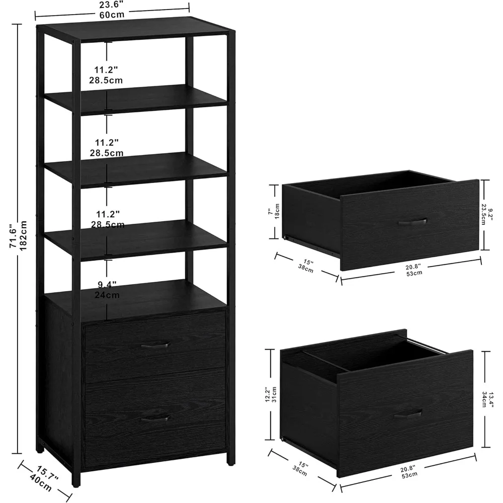 Industrial Bookcase with File Cabinet Drawers Freestanding Storage Home Office Cabinet Organizer