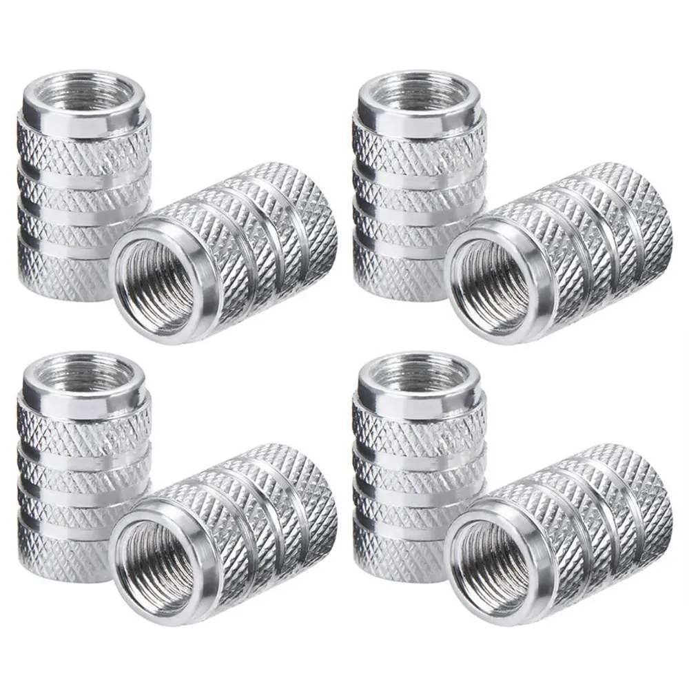 Aluminum Knurling Style Silver Tire Valve Caps - Set of 4