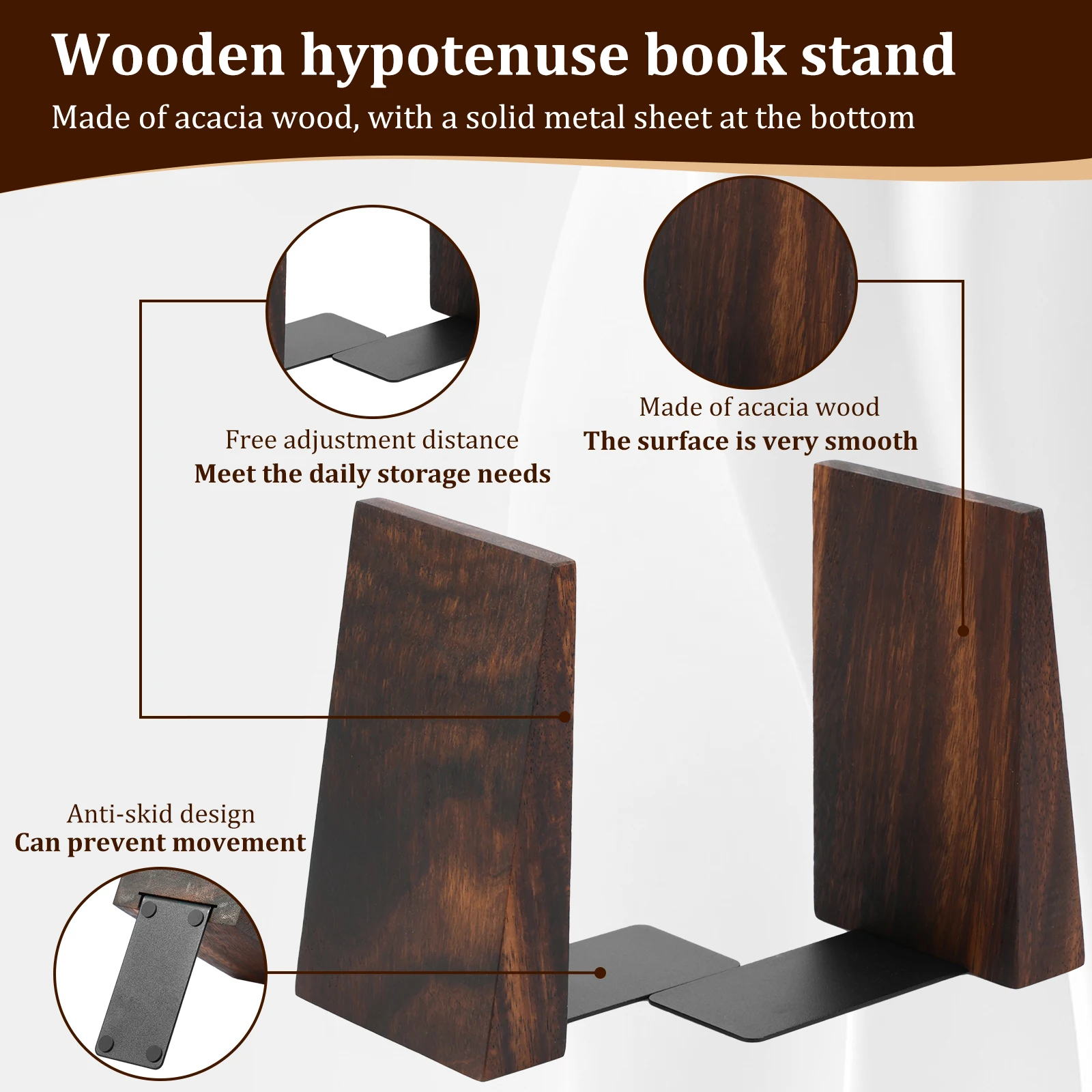 Wooden Bookends Desktop Book Organizer Metal Base Magazine Folder Storage Desk Shelf Office Home Book Accessories 2Pcs