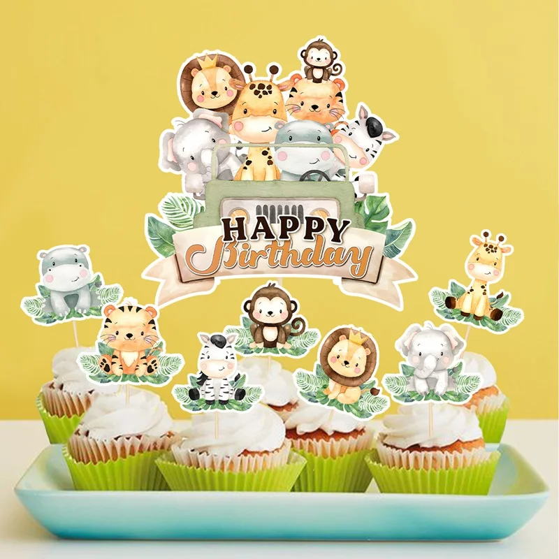 Dschungeltier Alles Gute zum Geburtstag Kuchendeckel Geburtstagstorte Dekorationen für Tierthema Dschungel Geburtstag Babyparty Partyzubehör – Detail 10