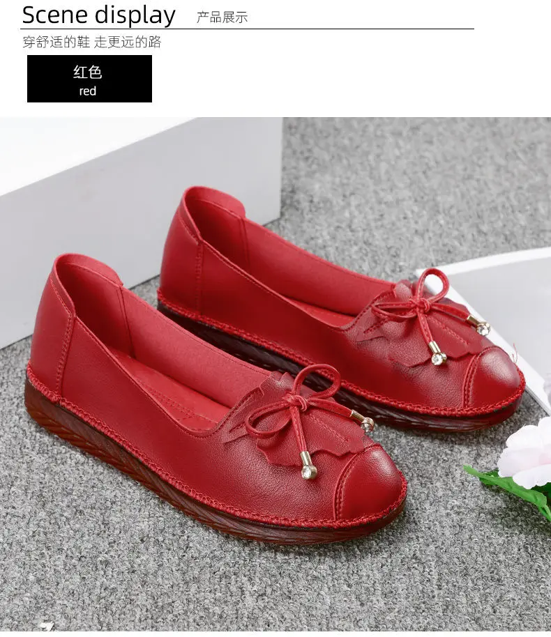 Autumn Leather Flats Shoes Women's Loafers Mom Slip On Kitchen Work Shoes Big Size 42 Woman Bowknot Moccasins Summer Red Sandals