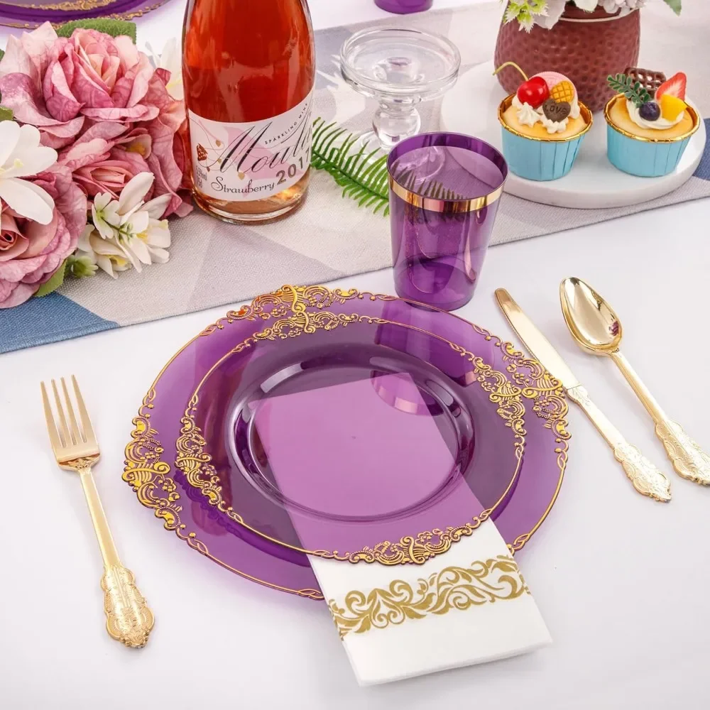350PCS Purple Plastic Plates Purple Plastic Dinnerware Sets for 50 Guests 100 Disposable Plates 150 Gold