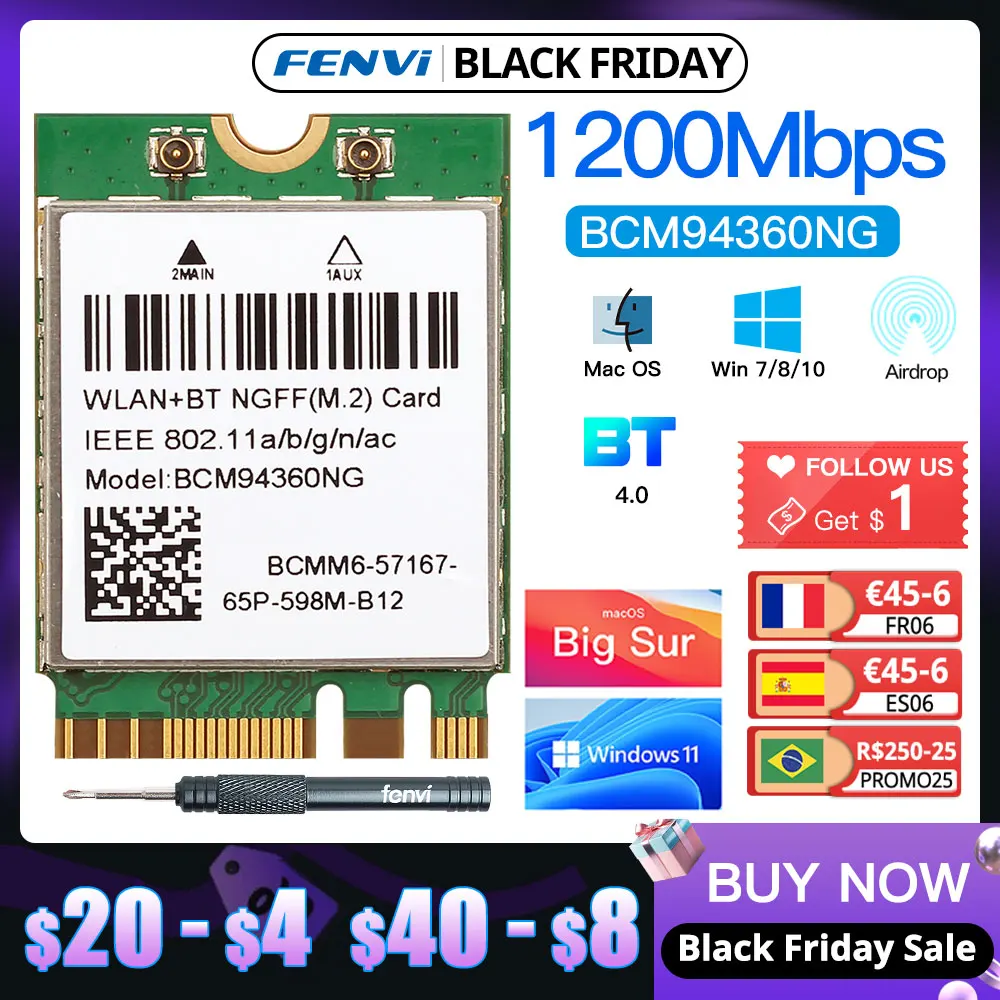 Hackintosh macOS BCM94360NG M.2 Wifi Card Dual Band 1200Mbps 5Ghz