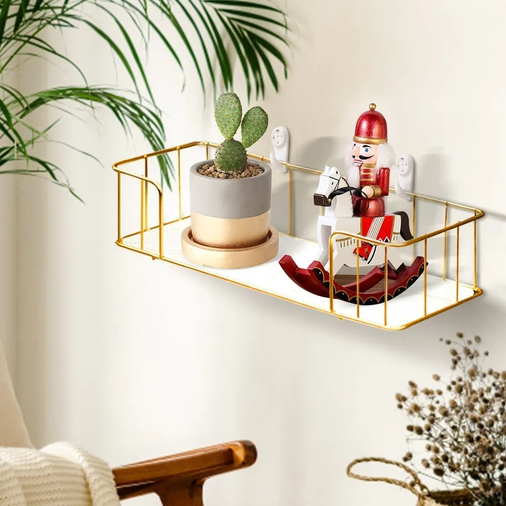 Luxury Bathroom Shelf without drilling Iron Wall Shelf with Marble style Glass Plate Makeup Storage Rack Bathroom Accessories 4