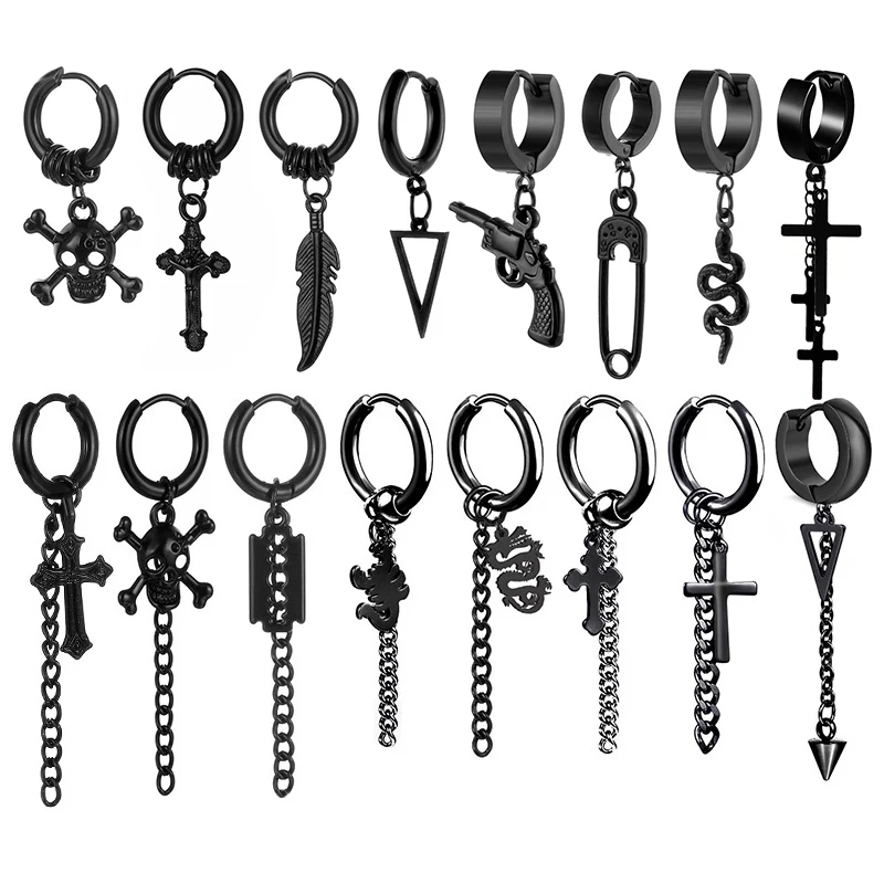 

2pcs Gothic Black Stainless Steel Earrings For Men/Women New Style Pendant Chain Tassel Hip Hop Men's Pierced Earrings Jewelry