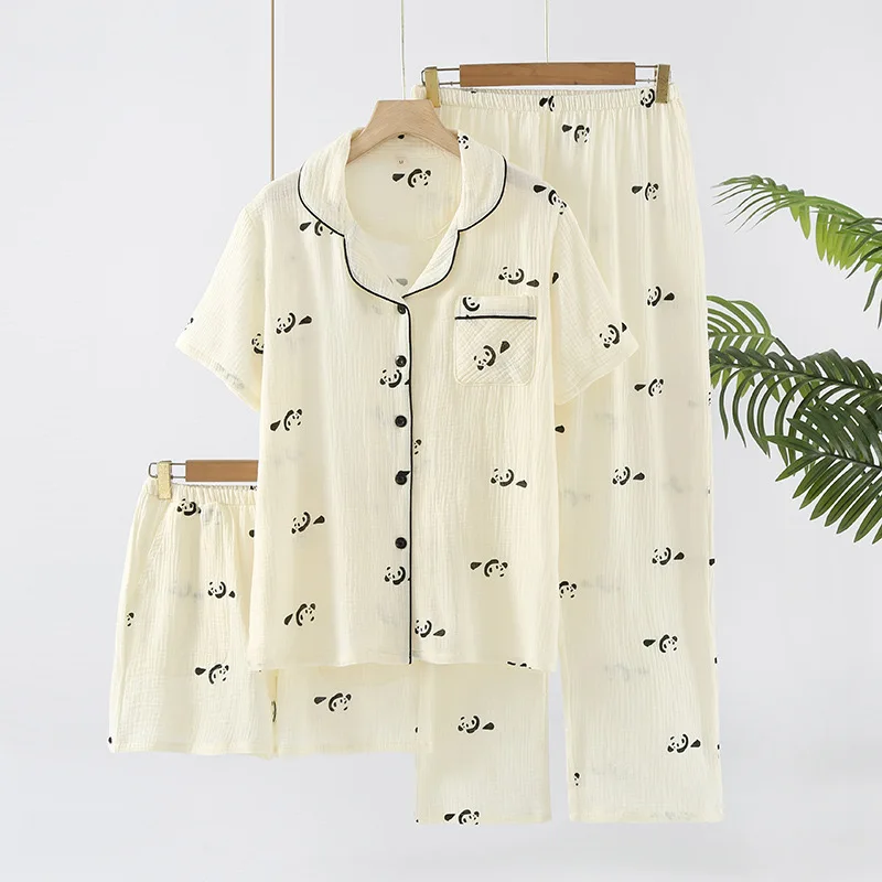Summer Women's 3-Piece 100% Gauze Cotton Pajama Set - Short-Sleeved Top, Long Pants & Shorts