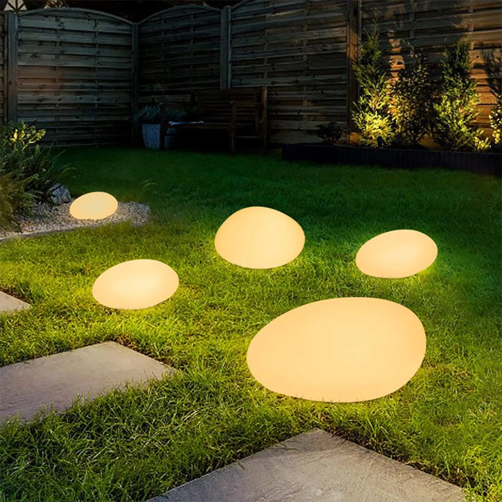 Solar Powered Pebble Stone Lamp in use