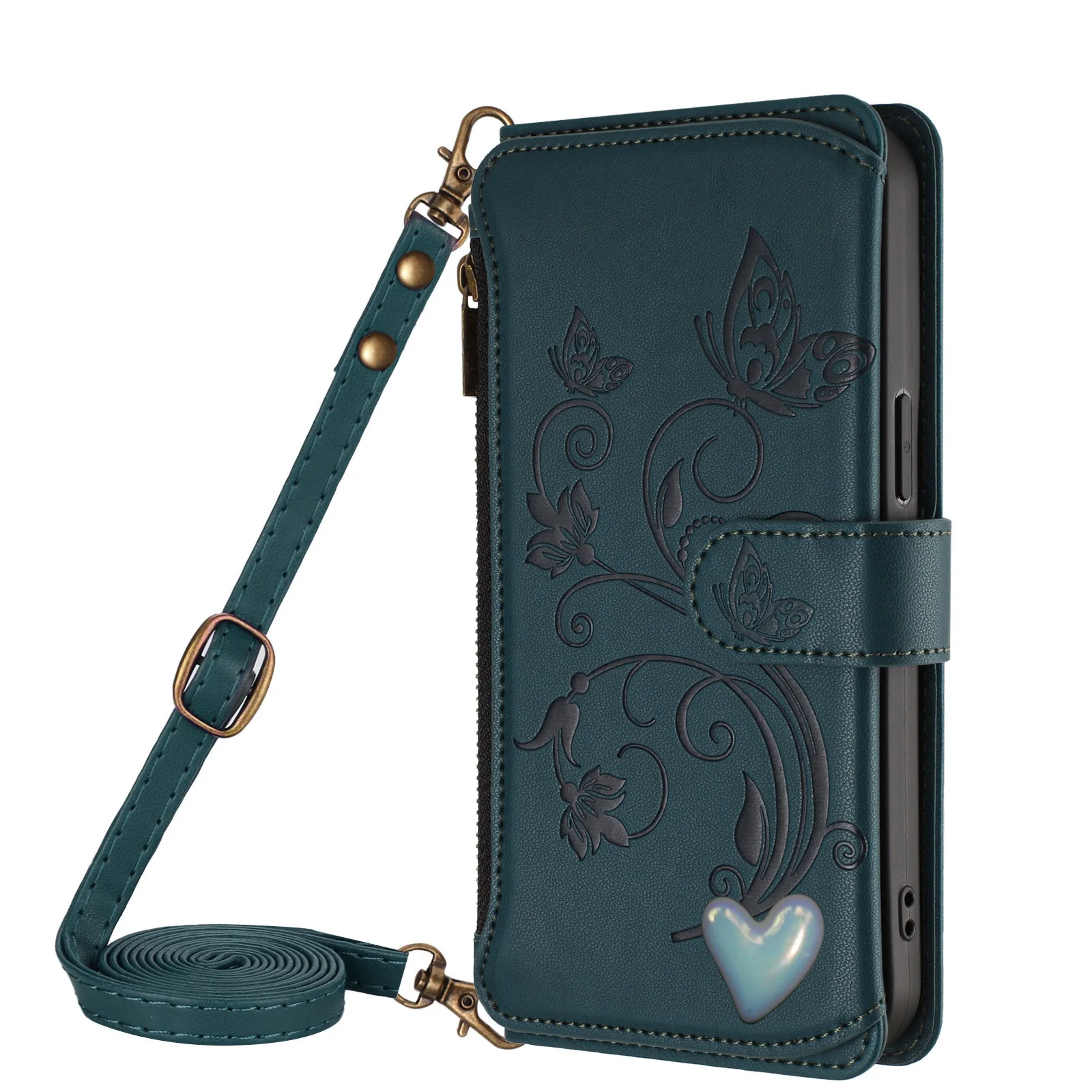 Elegant Crossbody Lanyard Flip Case Leather Wallet Cover with 5 Card Slots