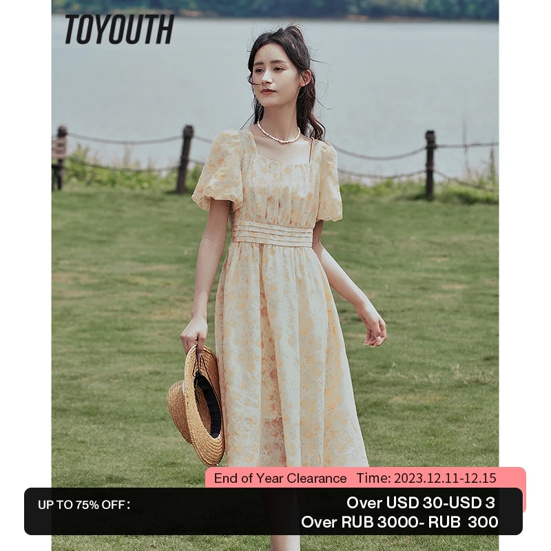 

Toyouth Women Dress 2023 Summer Puff Sleeves Square Neck A-shaped Loose Floral Print Pleated Design Holiday Party Skirt