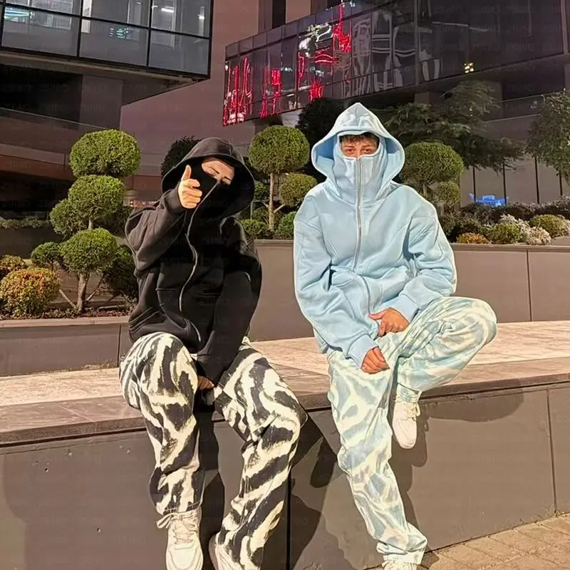 Balaclava Men Zip Hoodie Winter Warm Casual Sweatshirt Y2K with Hooded Face Mask Zipper Design Sports Jacket Outdoor Activities