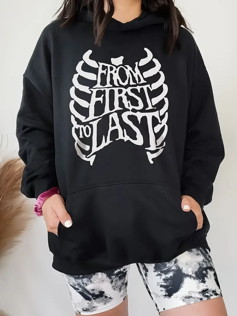 Skeleton Print Casual Hooded Sweatshirt Long Sleeves With Front Pockets Hoodie Halloween Women's Clothing