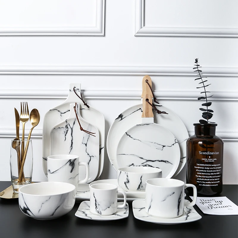 KINGLANG Western Design Ceramic Steak Plate with Wooden Handle Ceramic Marble Dinnerware Collection High Quality Dish Plates