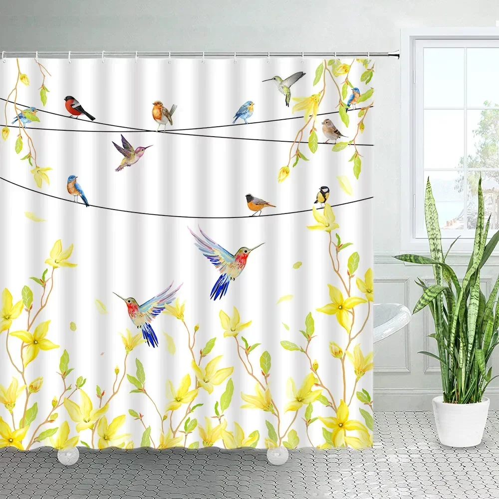 

Yellow Flowers Hummingbird Shower Curtain Watercolor Floral Plant Birds Creative Print Fabric Home Bathroom Curtains Decor Hooks