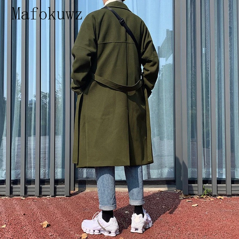 Spring Autumn Mid-length Woolen Overcoat Men's Solid Casual Loose High Street Personality Windbreaker Jackets Male Clothes