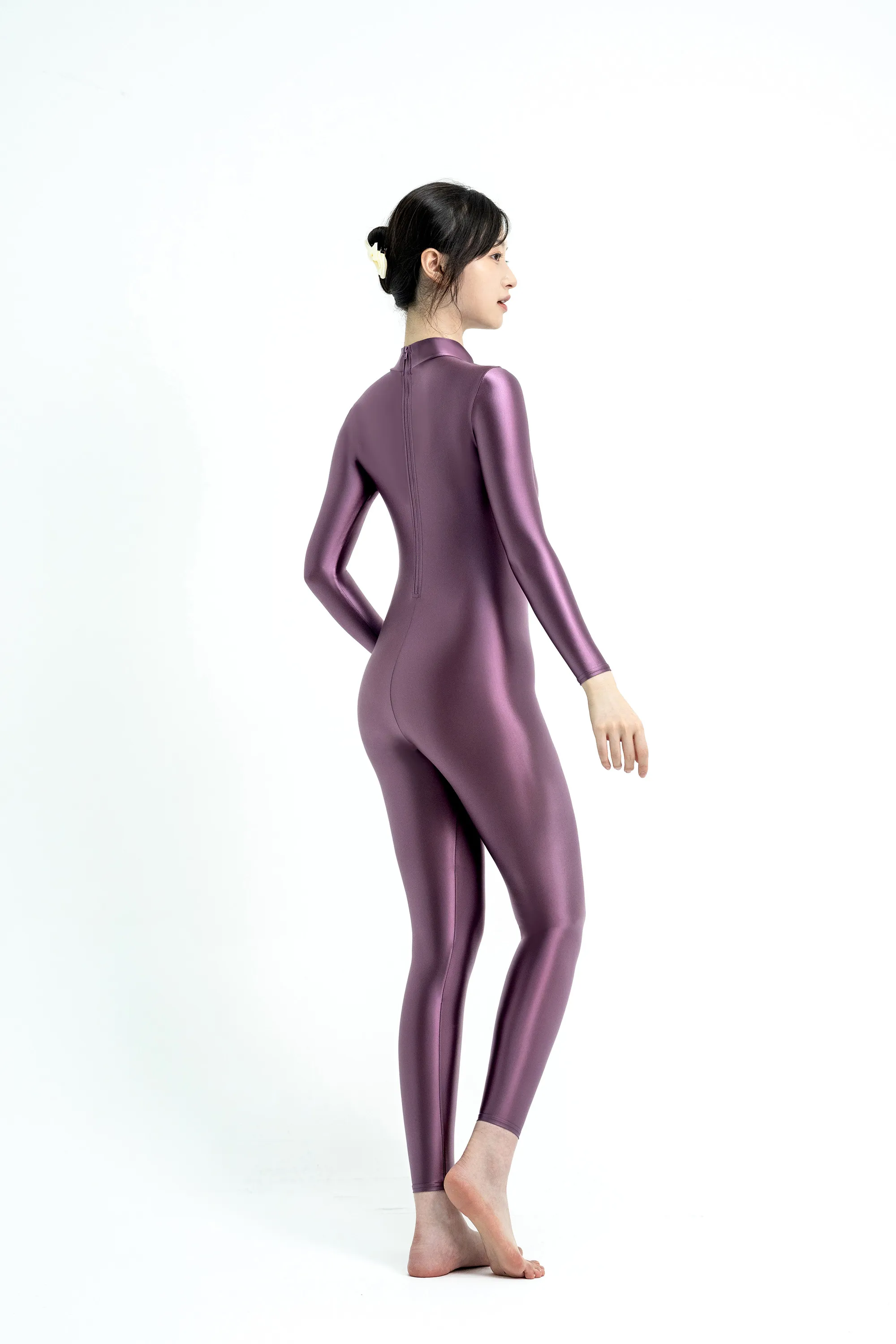 XcloCKNYoung Satin-Glanz-Bodysuit mit Ölglanz, hohem Hals und Reißverschluss, langärmlig, eng anliegende Hose, Seiden-Trikot, glänzender Badeanzug, Neoprenanzug – Detail 6