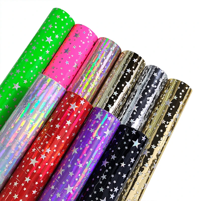 

Laser Holographic Foiled Silver Stars Pattern Embossed Patent Faux Leather for Making Shoe Tote Stationery Bags 46*135CM