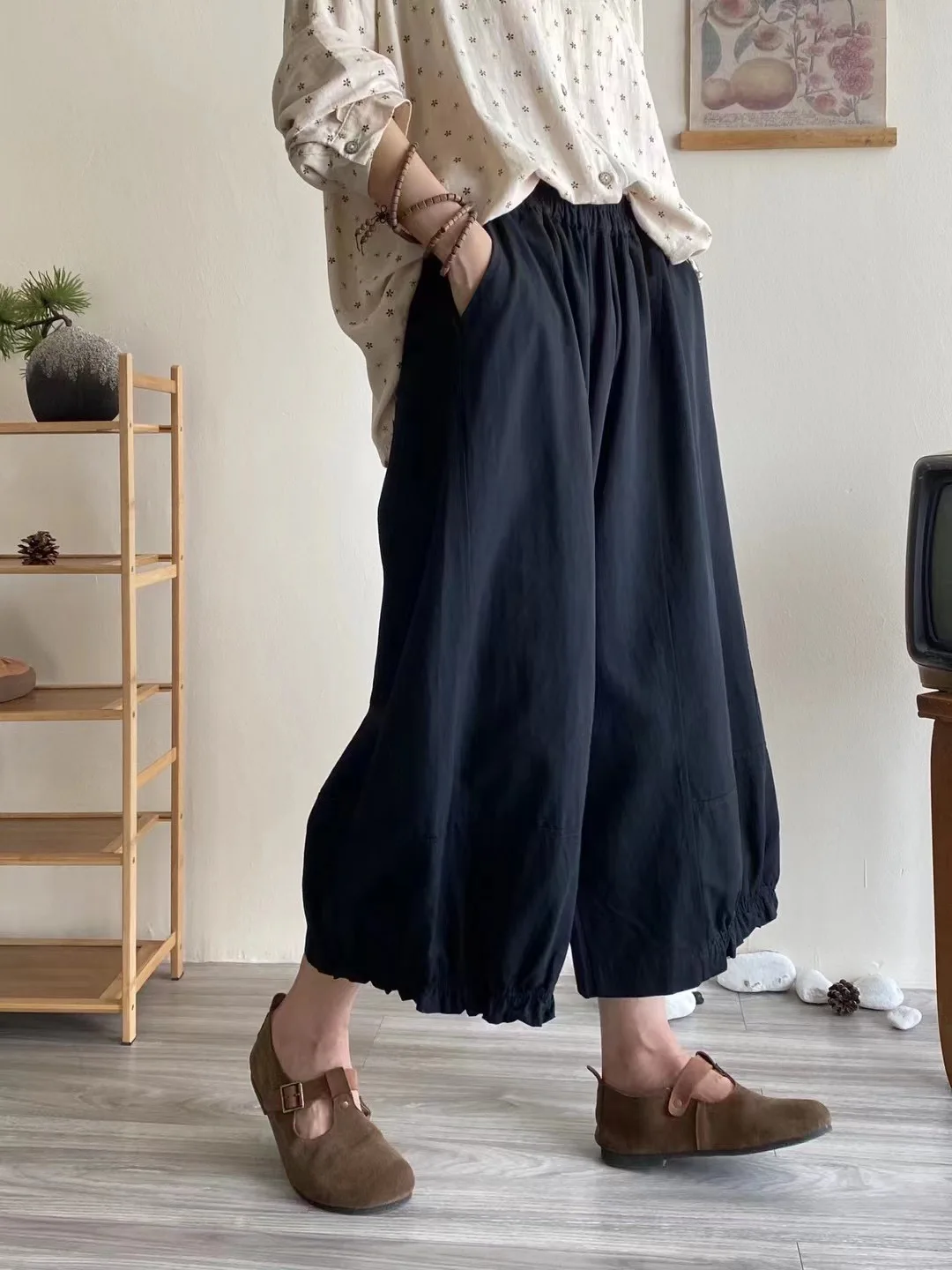 Johnature Summer New Cotton Bloomers Women New Japanese Solid Color Loose Versatile Elastic Pants Straight Wide-leg Pants