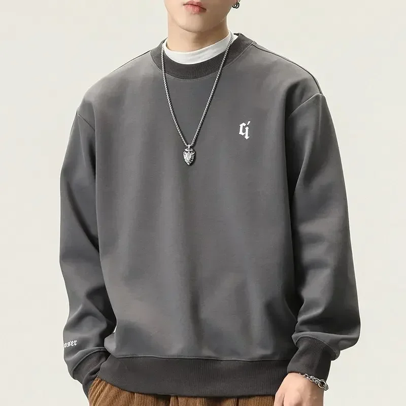 Men's Clothing Pullover Hoodieless Sweatshirts for Man Crewneck Round Neck Top Letter Black Aesthetic Warm Overfit Emo