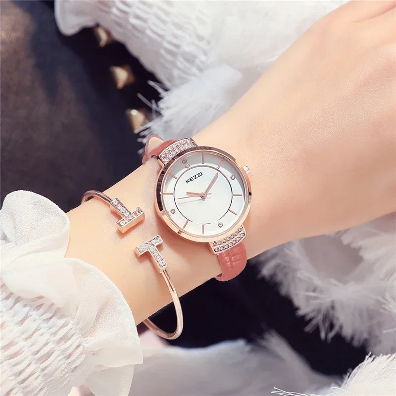 

KEZZI Brand Luxury Crystal Quartz Watches Fashion Fine Inlaid Rhinestone Dial Leather Strap Ladies Dess Watch relogio