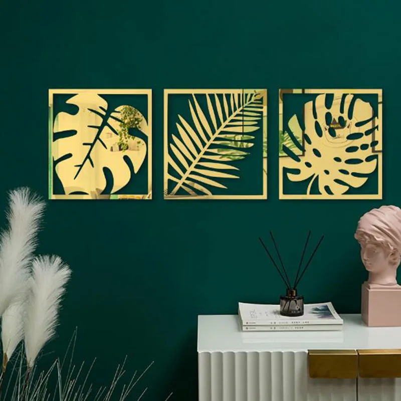 3D Hollow Plant Mirror Sticker Acrilico Palma Wall Stickers Cornice Adesivi Per Divano Sfondo Parete Home Decor