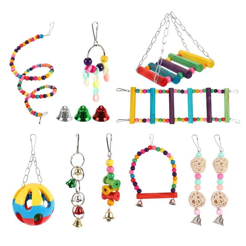

10 Pack Bird Cage Toys for Parrots Reliable & Chewable - Swing Hanging Chewing Bite Bridge Wooden Beads Ball Bell Toys.