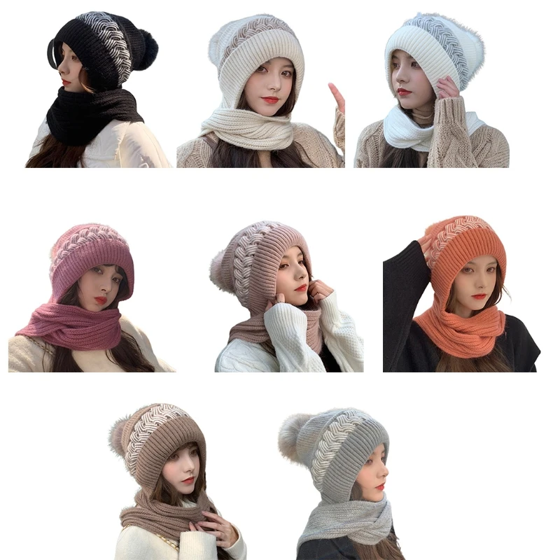 

Women Wool Jumper Korean Ear Thick Plush Scarf Student Hat Integrated Earmuffs Sleeve Plush Winter Warm Fleece