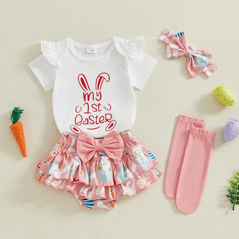 0-12M 내 첫 부활절 복장 소녀 토끼 Romper 바디 슈트 + 프릴 투투 반바지 Bloomer 1st Easter Clothes