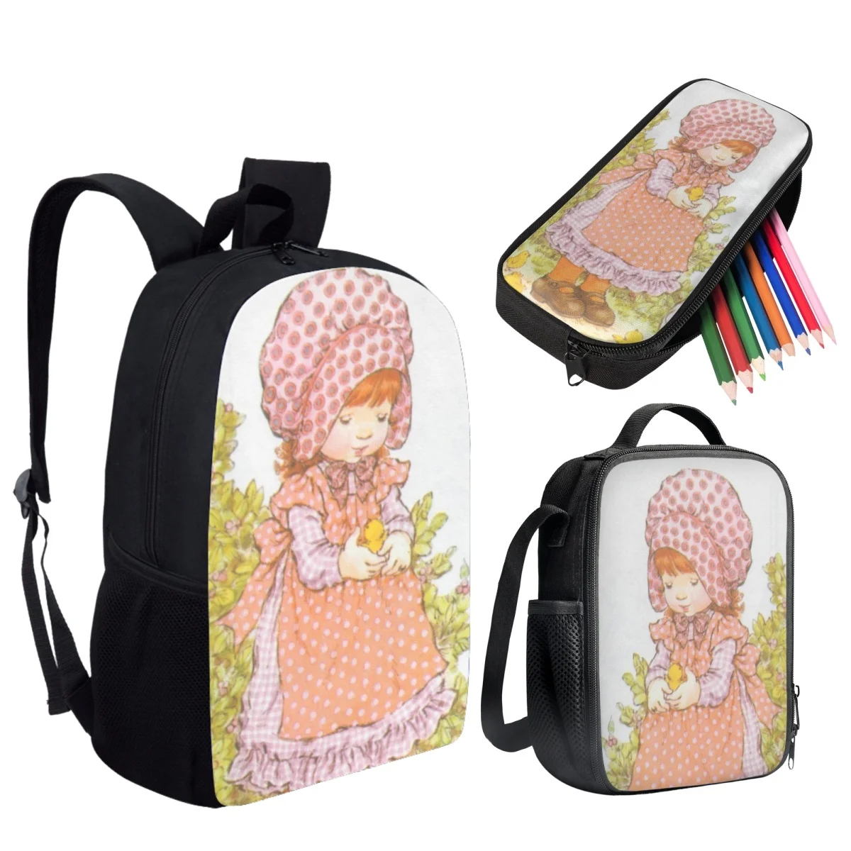Cute Sarah Kay Design Children Backpack with Lunch Bag/Pencil Case Large Capacity School Bags Set for Kids Girls Casual 3pcs Bag