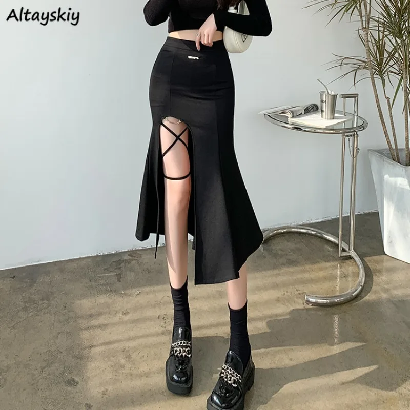 

Midi Skirts Women Irregular Side-slit Bandage High Waist Faldas Hot Girls Stylish Streetwear Temper Summer Sexy Slim Designed