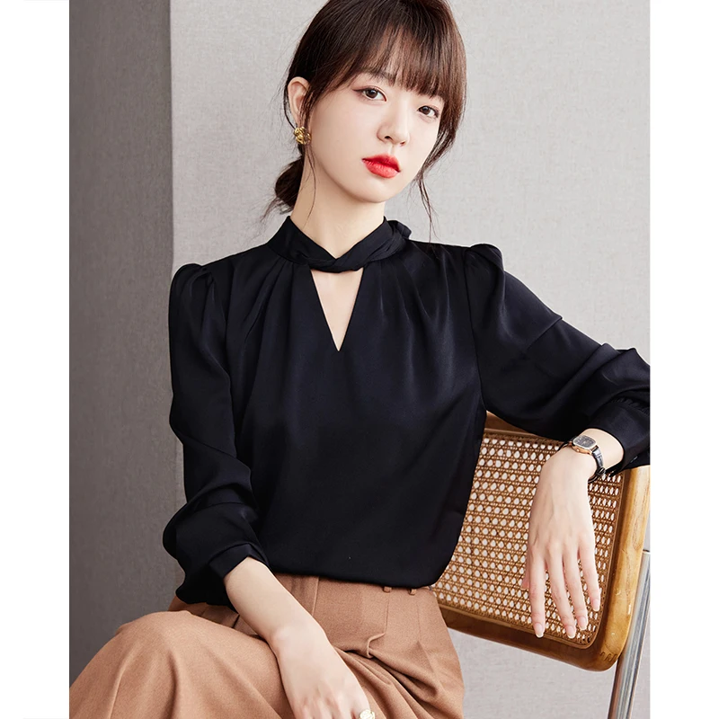 Spring and Autumn New Elegant Fashion Acetate Satin Blouses Women Tops Office Lady Long Lantern Sleeve Shirt Blusa Mujer Clothes