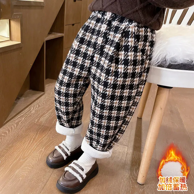 Baby Girls Fashion Plaid Casual Pants Korean High Waist Cute Kids Children's Winter Thick Warm Clothing Pant Trousers