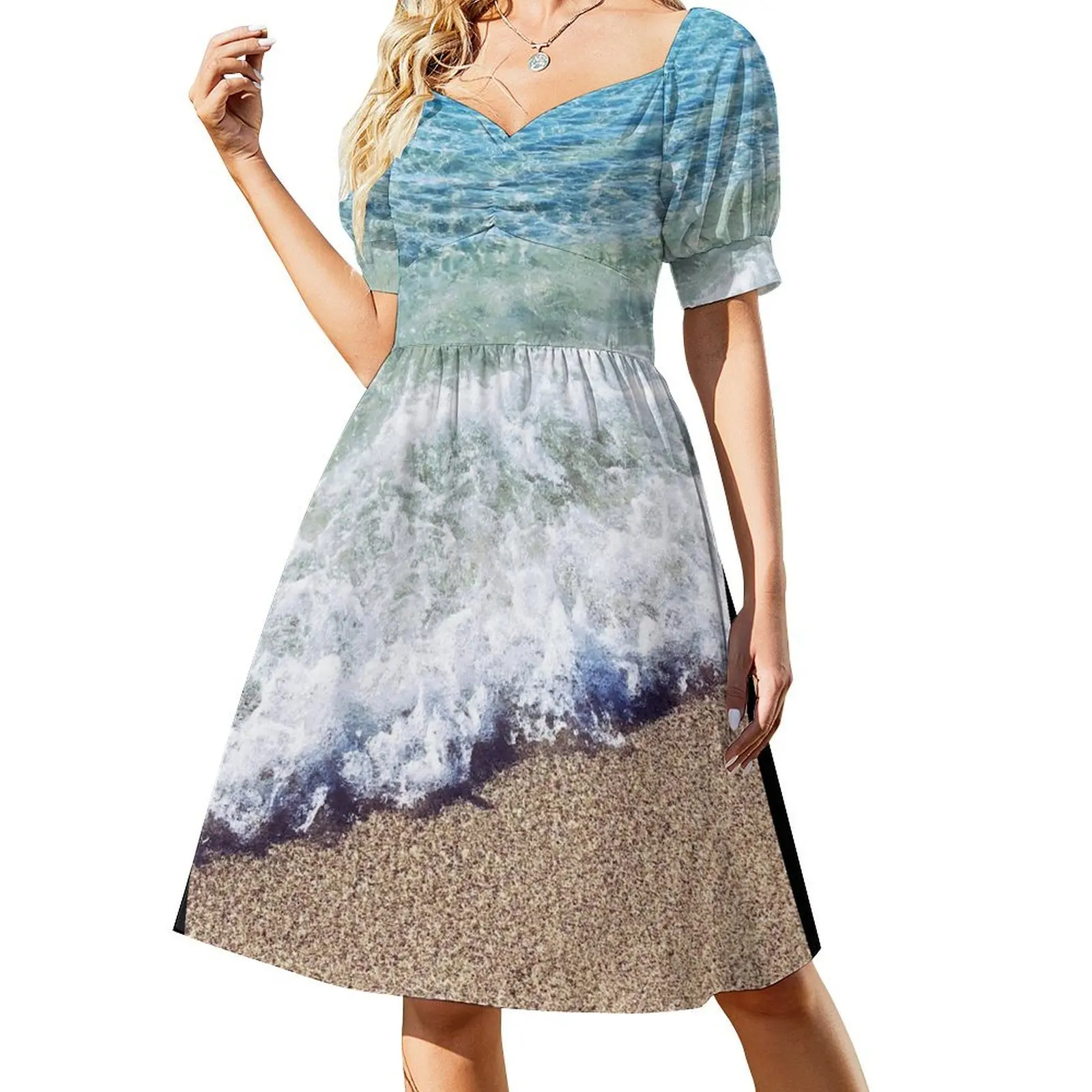 Vestido de manga corta con estampado de olas en azul océano, elegante y chic, para mujer, promoción de verano, coreano.