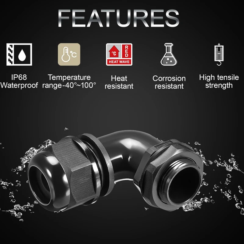 Waterproof IP68 90 Degree Cable Gland M12 M16 M20 M25 M32 Joint Adjustable Locknut Cord Connectors Nylon Joints w Gaskets 4-25MM