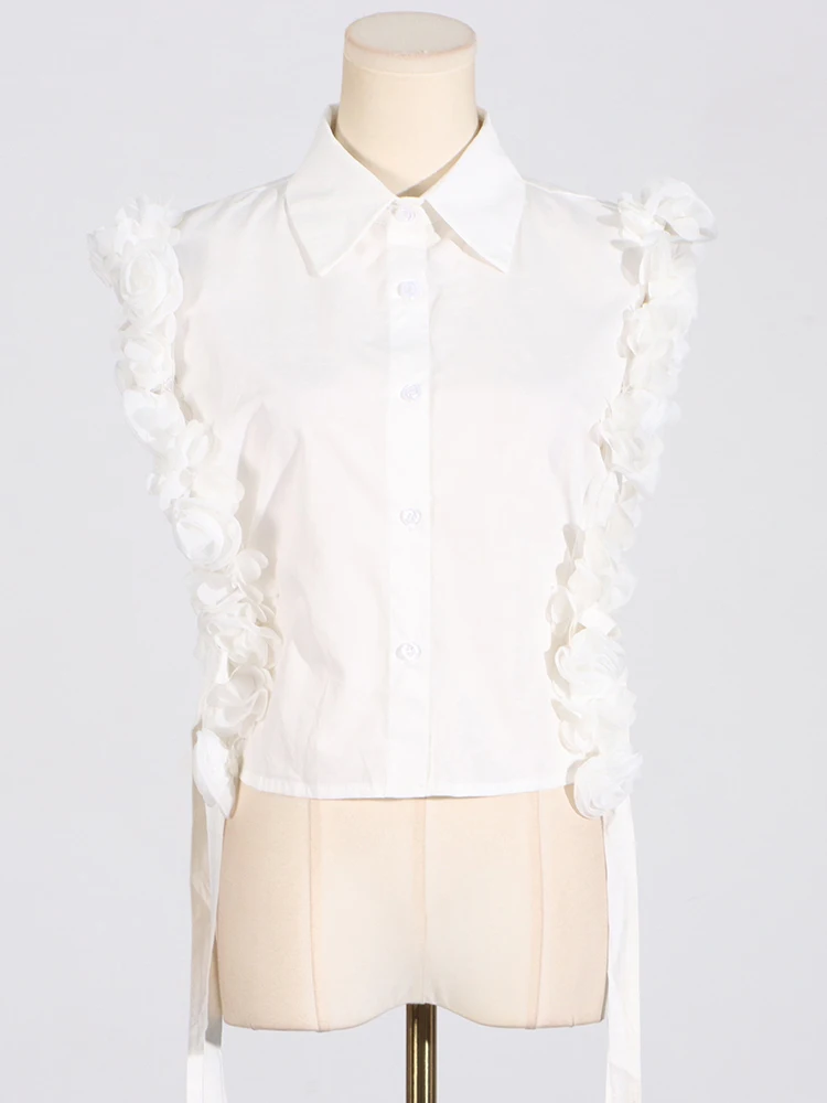 GALCAUR Solid Patchwork Appliques Shirts For Women Lapel Sleeveless Hollow Out Spliced Single Breasted Slimming Blouse Female