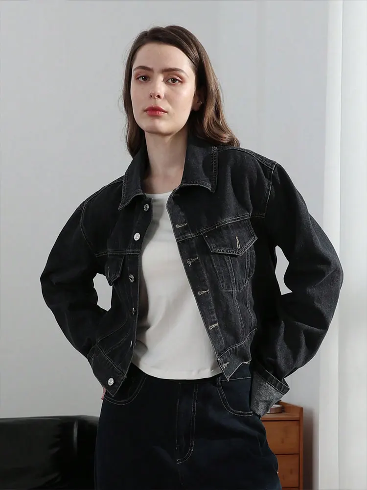 HH Women Solid Lapel Denim Jacket Single Breasted Long Sleeve Jackets 2025 Fashion High Street Lady Outerwear Denim Coats