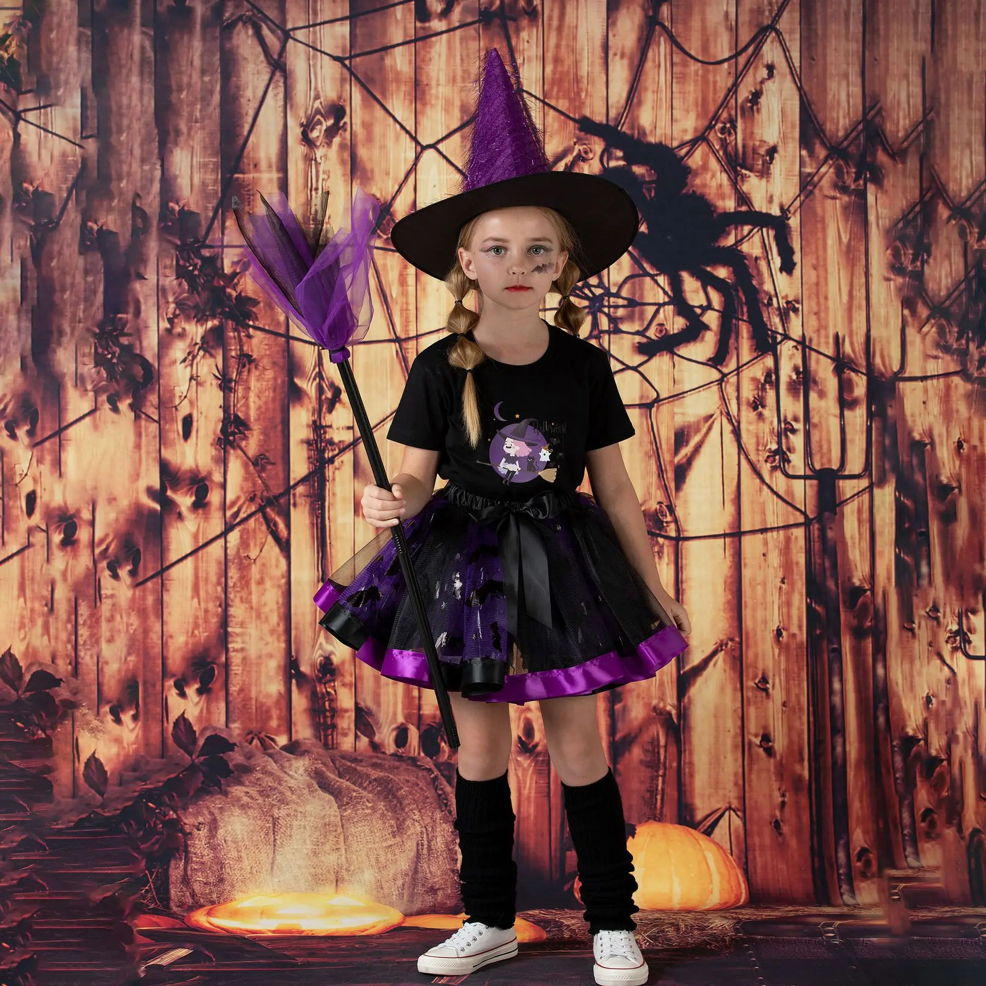 Girls Halloween Witch Cosplay Costume Theme Party Carnival Sorceress Roleplay Clothes Props Print Mesh Tutu Skirt with Hat Broom