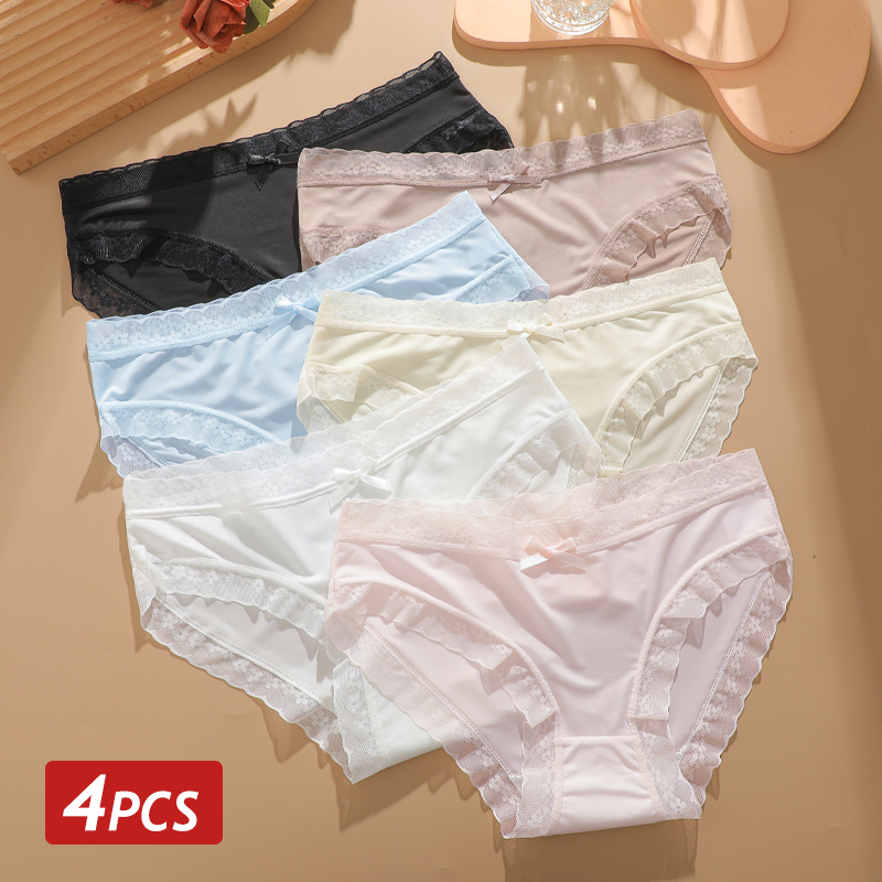 4PCS/Set Ice Silk Ultra Thin Women Panties Low Waist Perspective Briefs Female Comfortable Summer Cool Underwear Sexy Lingerie