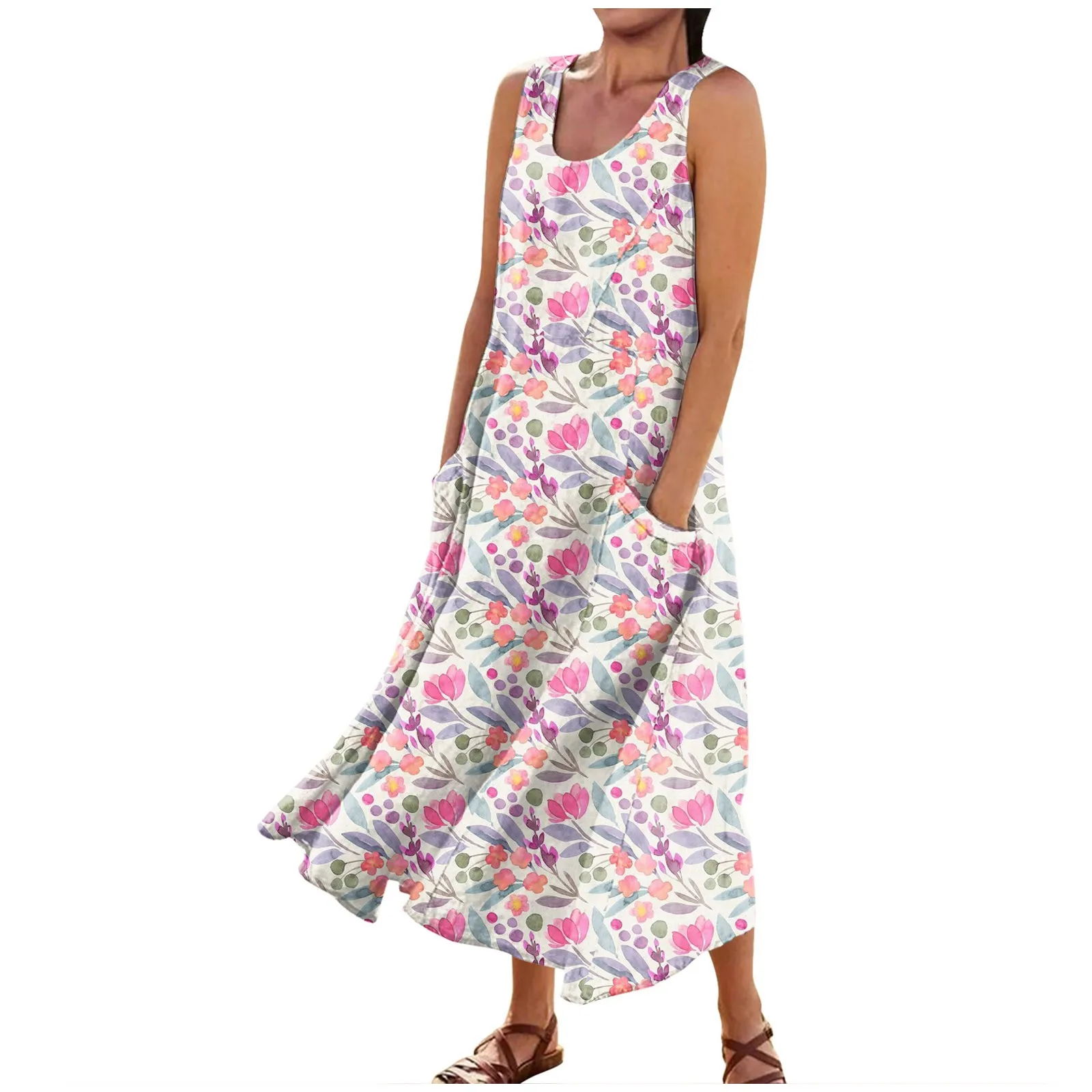 

Luxury Women'S Elegant Dress Fashionable Ankle-Length Women Frock Design O-Neck Sleeveless Printed Summer Female Dress Wear 롱원피스