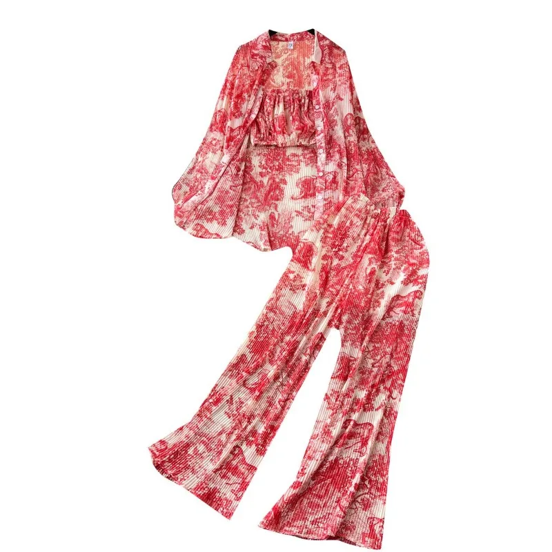 Ladies' Suit Spring Summer Loose Pleated Shirt Bustier Draped High-waisted Pants Printed Lapels Single-breasted Three-piece Suit